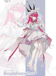 1girl absurdres baobhan_sith_(fate) breasts caat106 crown dress fate/grand_order fate_(series) full_body grey_eyes highres large_breasts long_hair looking_at_viewer pink_hair pointy_ears sidelocks smile solo veil white_dress zoom_layer