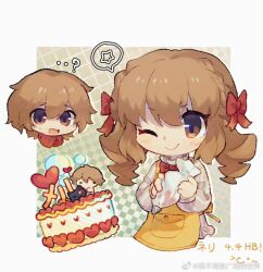 ...? 1boy 1girl :d brown_eyes brown_hair cake chinese_commentary commentary_request cropped_torso fata_morgana_no_yakata food holding holding_pastry_bag inset long_hair mell_rhodes nellie_rhodes one_eye_closed open_mouth pastry_bag short_hair smile spoken_star star_(symbol) sweatdrop twintails yuer6350