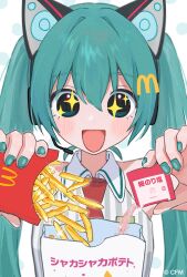 1girl ad animal_ear_hairband animal_ears aqua_eyes aqua_hair bag blush cat_ear_hairband cat_ears collared_shirt detached_sleeves fake_animal_ears food french_fries hairband hamafugu hatsune_miku headset highres holding logo_hair_ornament long_hair mcdonald&#039;s necktie open_mouth paper_bag powder shake_shake_fries shirt smile sparkle striped_clothes striped_shirt twintails very_long_hair vocaloid