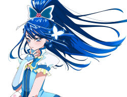 1girl arm_warmers blue_eyes blue_hair blue_vest blush bug butterfly butterfly_brooch butterfly_earrings butterfly_hair_ornament cure_aqua earrings frilled_sleeves frills hair_ornament hand_on_own_face highres insect jewelry looking_at_viewer minazuki_karen ponytail precure shirako_love signature solo straight_hair vest yes!_precure_5