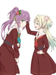 2girls ^_^ aqua_neckerchief blonde_hair blue_hair blush brown_dress closed_eyes closed_mouth commentary_request cowboy_shot dress flower green_eyes hair_bun hair_flower hair_intakes hair_ornament hand_on_own_arm hand_on_own_hip hasu_no_sora_school_uniform headpat highres leaning_forward link!_like!_love_live! long_hair long_sleeves love_live! medium_dress multiple_girls myrain56991013 neckerchief osawa_rurino otomune_kozue pink_flower pleated_dress purple_hair red_flower red_neckerchief sailor_collar sailor_dress school_uniform side_ponytail sidelocks simple_background single_side_bun smile split_mouth tassel tassel_hair_ornament twintails virtual_youtuber white_background white_sailor_collar winter_uniform