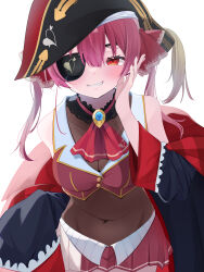 1girl arrow_through_heart ascot bare_shoulders belly bicorne black_coat black_hat blush breasts brooch buttons cleavage clothes_pull coat coat_partially_removed commentary cropped_jacket eyepatch frilled_shirt_collar frills gold_trim grin hair_ribbon hand_up hat highres hololive houshou_marine houshou_marine_(1st_costume) jacket jewelry lapel_pin large_breasts leotard leotard_under_clothes long_hair long_sleeves looking_at_viewer miniskirt off_shoulder pirate_hat pleated_skirt red_ascot red_eyes red_hair red_jacket red_ribbon red_skirt ribbon see-through_clothes see-through_cleavage see-through_leotard see-through_midriff simple_background skirt skirt_pull sleeveless sleeveless_jacket smile solo twintails two-tone_skirt uica virtual_youtuber whispering white_background white_skirt
