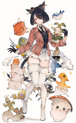 1girl animal_ears bird black_gloves black_hair bomb_(final_fantasy) boots broken_egg cat_ears cat_girl cat_tail commentary commission creature fang final_fantasy final_fantasy_xiv full_body gloves hair_over_one_eye highres kemomin_nosuke looking_at_viewer miqo&#039;te moogle mushroom nutkin open_mouth red_eyes sabotender short_hair skeb_commission skin_fang skirt slit_pupils solo tail thigh_boots thighhighs tonberry warrior_of_light_(ff14) white_boots white_skirt zettai_ryouiki