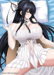 Rule 34 | 1girl, artist name, azur lane, bare shoulders, black hair, breasts, character name, cleavage, dress, elbow gloves, gloves, grey eyes, hair on horn, hellandheaven, highres, huge breasts, indomitable (azur lane), long hair, lying, on back, on bed, patreon username, pillow, short dress, solo, spread legs, very long hair, white dress, white gloves