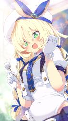 1girl :d belt beret blonde_hair blue_bow blue_necktie blue_ribbon blurry blurry_background blush bow braid breasts commission covered_navel cropped_jacket depth_of_field gloves green_eyes hair_between_eyes hair_ribbon hands_up hat highres holding jacket leotard leotard_under_clothes long_hair looking_at_viewer low_twintails medium_breasts mimikaki necktie open_clothes open_jacket open_mouth original puffy_short_sleeves puffy_sleeves ribbon ryouki_chaki shiro9jira shirt short_sleeves skeb_commission smile solo sweat tears twin_braids twintails very_long_hair white_belt white_gloves white_jacket white_leotard white_shirt