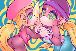 2girls ape ass banana blonde_hair blush bottomless dixie_kong donkey_kong_(series) earrings fellatio food foodplay fruit furry hat highres hoop_earrings hypnosis jewelry midriff mind_control monkey_girl multiple_girls nintendo oral pants ponytail saliva siblings sisters sweat tank_top tiny_kong tongue tory_(tory29) twintails