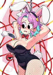 1girl alternate_costume animal_ears armpits black_eyes black_hairband black_leotard blue_hair blush bow bowtie breasts carte character_name collar colored_inner_hair commentary_request cowboy_shot detached_collar fake_animal_ears fake_tail fishnet_pantyhose fishnets hairband highres komeiji_satori large_breasts leotard looking_at_viewer looking_down mole mole_on_breast mole_on_thigh multicolored_hair nipples nose_blush open_mouth pantyhose pink_hair playboy_bunny purple_hair rabbit_ears rabbit_tail red_bow red_bowtie short_hair solo strapless strapless_leotard tail third_eye touhou white_collar