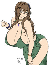 1girl bracelet breasts brown_hair brown_haired_glasses_elf_(houtengeki) dress elf flower glasses green_dress green_eyes hair_flower hair_ornament highres houtengeki huge_breasts jewelry long_hair looking_at_viewer mature_female original pointy_ears rimless_eyewear sideboob sidelocks standing