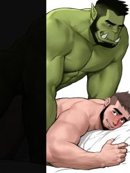 2boys abs anal bara beard blush censored colored_skin completely_nude dopey_(dopq) facial_hair fangs fantasy green_skin happy_sex highres interspecies looking_at_another lying male_focus male_penetrated mature_male monster_boy multiple_boys muscular muscular_male nipples nude on_stomach orc original paid_reward_available pectorals sex short_hair size_difference smile stomach thick_eyebrows thighs warrior yaoi