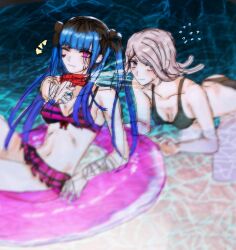 2girls amemiya_darumi bikini black_hair blue_hair breasts cleavage collarbone creator_connection crossover danganronpa_(series) danganronpa_3_(anime) female_focus grey_hair highres innertube kimura_seiko long_hair multicolored_hair multiple_girls navel pink_eyes small_breasts swim_ring swimsuit tagme the_hundred_line_-last_defense_academy- twintails water