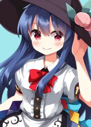 Rule 34 | 1girl, apron, black hat, blue background, blue hair, blue skirt, blush, bow, bowtie, center frills, closed mouth, collared shirt, commentary, frills, hair between eyes, hand up, hat, hat ornament, highres, hinanawi tenshi, leaf hat ornament, long hair, looking at viewer, peach hat ornament, red bow, red bowtie, red eyes, ruu (tksymkw), shirt, short sleeves, simple background, skirt, smile, solo, touhou, upper body, waist apron, white apron, white shirt