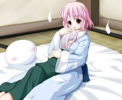 2girls between_breasts blush breast_pillow breast_smother breasts face_between_breasts face_to_breasts female_focus head_between_breasts hitodama hug jpeg_artifacts konpaku_youmu konpaku_youmu_(ghost) multiple_girls saigyouji_yuyuko smother touhou yuri