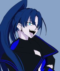 Rule 34 | 1girl, ado (utaite), black shirt, blue background, blue eyes, blue hair, cleavage cutout, clothing cutout, commentary request, earrings, highres, jewelry, long hair, naima (ado), ohiyaglass, one eye closed, open mouth, ponytail, shirt, simple background, solo, tongue, tongue out, upper body, usseewa