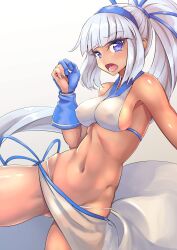 Rule 34 | 1girl, blue eyes, breasts, dark skin, gloves, hairband, legs, long hair, looking at viewer, medium breast, navel, ninopal, panties, ponytail, samurai shodown, shiny skin, sideboob, string panties, tagme, white hair