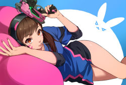 Rule 34 | &gt;:3, 1girl, :3, adapted costume, bare legs, blowing bubble gum, blowing bubbles, blue shirt, breasts, brown eyes, brown hair, candy, charm (object), chewing gum, closed mouth, d.va (overwatch), eyelashes, facepaint, facial mark, feet out of frame, female focus, fingernails, food, gun, hand up, handgun, headphones, highres, holding, holding gun, holding weapon, legs, legs together, lips, lollipop, long fingernails, long hair, looking at viewer, lying, mouth hold, nail polish, nose, on side, overwatch, overwatch 1, pillow, pink lips, pink nails, pistol, shirt, solo, sumino akasuke, three-quarter sleeves, trigger discipline, v-shaped eyebrows, weapon, whisker markings
