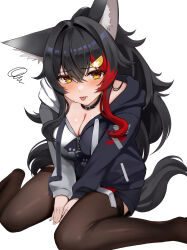 1girl :p absurdres animal_ear_fluff animal_ears between_legs black_collar black_hair black_hoodie black_thighhighs breasts cleavage collar commentary_request crossed_bangs double-parted_bangs fang hair_between_eyes hair_ornament hairclip hand_between_legs highres hololive hood hoodie long_hair looking_at_viewer micon multicolored_hair no_shoes official_alternate_costume ookami_mio ookami_mio_(casual) red_hair sidelocks simple_background sitting solo spiked_hair streaked_hair tail thighhighs tongue tongue_out two-tone_hoodie very_long_hair virtual_youtuber wariza white_background white_hoodie wolf_ears wolf_girl wolf_tail yellow_eyes
