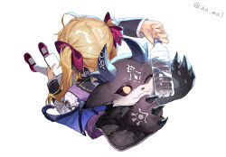 Rule 34 | 1girl, 1other, animal hands, animal nose, arm up, back-to-back, backpack, bag, black sclera, blonde hair, blue horns, blue wings, bottle, bow, cellphone, chibikemo, claws, closed mouth, colored sclera, debidebi debiru, demon, demon horns, demon wings, facial mark, from above, full body, grey fur, hair bow, hashtag-only commentary, highres, holding, holding bottle, holding phone, horns, ihama, in bag, in container, long hair, long sleeves, looking at object, mary janes, multiple horns, nail polish, nijisanji, no pupils, one eye closed, phone, pink nails, plastic bottle, purple bag, purple bow, purple shoes, reaching, shoes, simple background, sitting, smartphone, takamiya rion, takamiya rion (1st costume), thighhighs, twintails, twitter username, virtual youtuber, water bottle, white background, white thighhighs, wings, yellow eyes