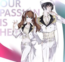 2boys absurdres aqua_eyes arm_behind_back belt black_hair bow brown_hair closed_eyes cropped_jacket grin hair_bow hair_ornament hair_scrunchie hand_in_pocket hand_on_own_chin highres idolmaster idolmaster_side-m jacket jewelry long_hair male_focus maro_np midriff mizushima_saki mole mole_under_eye multiple_boys necklace pants parted_lips scrunchie shinonome_soichiro shirt short_hair smile striped_clothes striped_shirt trap twintails vertical-striped_clothes vertical-striped_shirt waving white_background white_belt white_bow white_hair white_jacket white_pants white_scrunchie