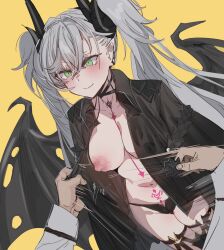 Rule 34 | 1girl, ^^^, black choker, black horns, black panties, black shirt, black wings, blush, bow (bhp), breasts, choker, closed mouth, clothes lift, collarbone, demon horns, demon wings, ear piercing, fate/grand order, fate (series), green eyes, grey hair, horns, large breasts, lilith (fate), long hair, navel, nipples, panties, piercing, pubic tattoo, shirt, simple background, smile, solo focus, star-shaped areolae, stomach, tattoo, thighs, torn wings, twintails, underwear, wings, yellow background