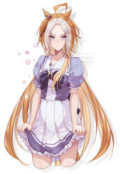 Rule 34 | 1girl, ahoge, blue eyes, bow, character request, clothes lift, commentary request, highres, horse girl, long hair, orange hair, short sleeves, simple background, skirt, skirt lift, solo, umamusume, watermark, white background, white skirt, yue (lov n n)