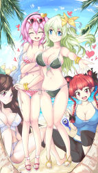 4girls aged_up alternate_costume animal_ears bad_feet bad_id bad_pixiv_id barefoot beach bikini blue_eyes braid breasts brown_hair cameltoe capri_pants cat_ears cleavage closed_eyes crossed_arms echizen_(hvcv) green_hair groin hair_ribbon heart heart-shaped_eyewear heart-shaped_pupils highres impossible_clothes kaenbyou_rin komeiji_koishi komeiji_satori large_breasts long_hair looking_at_viewer micro_bikini multiple_girls ocean outdoors outstretched_arm pants pink_eyes pink_hair red_eyes red_hair reiuji_utsuho ribbon sandals short_hair side-tie_bikini_bottom sideboob sitting smile sunglasses swimsuit symbol-shaped_pupils tank_top thigh_gap third_eye touhou twin_braids untying wii_fit_trainer wii_fit_trainer_(female)