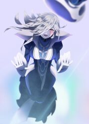 1girl blue_dress blush dress duel_monster gloves grey_hair hair_over_one_eye highres hip_vent long_hair open_mouth silent_magician tabard white_gloves white_tabard yarusenakikana5 yu-gi-oh!