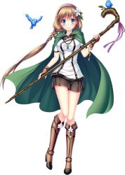 1girl artist_request bad_source bare_legs bird blue_bird blue_eyes boots braid breasts brown_hair cape fingerless_gloves flower full_body game_cg gloves green_cape hair_flower hair_ornament headband high_heel_boots high_heels holding holding_staff jewelry light_smile long_hair necklace official_art sennen_sensou_aigis skirt solare_(sennen_sensou_aigis) solo staff standing third-party_source transparent_background