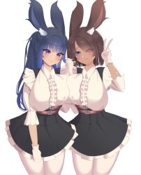 2girls absurdres animal_ears blue_eyes blue_hair breasts brown_hair chomu_sama final_fantasy final_fantasy_xiv highres holding_hands large_breasts maid multiple_girls non-web_source ponytail purple_eyes rabbit rabbit_ears