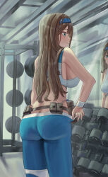 1girl absurdres ass blue_eyes blue_hairband blue_pants breasts brown_hair commentary dumbbell from_behind goddess_of_victory:_nikke gym hairband highres indoors just_tume large_breasts long_hair mirror pants pantylines reflection rumani_(nikke) sideboob skin_tight solo sports_bra white_sports_bra yoga_pants