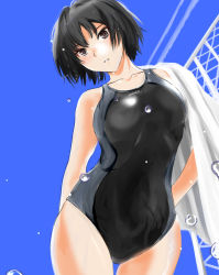 1girl amagami black_one-piece_swimsuit blue_one-piece_swimsuit blue_sky bob_cut brown_eyes clear_sky collarbone commentary competition_swimsuit cowboy_shot fence from_below looking_at_viewer looking_down murasaki_iro nanasaki_ai one-piece_swimsuit parted_lips short_hair sky solo swimsuit thigh_gap tomboy towel towel_around_neck two-tone_swimsuit water_drop wet yukana