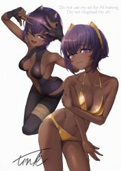 1girl announ_(kurotya) bare_shoulders bikini black_gloves black_hairband black_leotard breasts center_opening cleavage commentary_request dark-skinned_female dark_skin fate/grand_order fate_(series) fingerless_gloves gloves gold_bikini gold_hairband grin hairband hassan_of_serenity_(fate) leggings leotard looking_at_viewer medium_breasts multiple_views navel purple_eyes purple_hair short_hair sidelocks smile swimsuit thighs