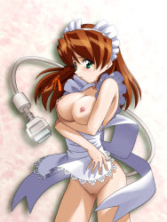 00s apron aqua_eyes blush breasts brown_hair censored cyberdoll_may hand_maid_may naked_apron tagme usb