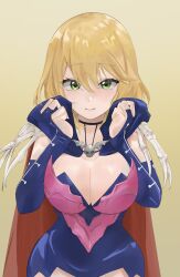 1girl absurdres blonde_hair blue_gloves blue_leotard bmyoshikun123 breasts cape closed_mouth commentary elbow_gloves fingerless_gloves gloves gradient_background green_eyes highres koi_wa_sekai_seifuku_no_ato_de large_breasts leotard looking_at_viewer magahara_desumi multicolored_leotard pink_leotard red_cape short_hair solo two-tone_leotard upper_body yellow_background