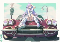 Rule 34 | 1girl, amiya aranha, arm up, arthropod girl, arthropod limbs, bandaid, bandaid on leg, baronilu, braid, car, chevrolet corvette, chevrolet corvette c1, clothing cutout, cloud, cloudy sky, commission, detached sleeves, dress, extra eyes, frilled hairband, frills, from below, full body, hair lift, hairband, highres, indie virtual youtuber, insect girl, lamppost, long hair, looking at viewer, loose socks, motor vehicle, on car, outdoors, purple eyes, purple hair, purple shoes, red car, shoes, shoulder cutout, side braids, sitting, sky, socks, solo, spider girl, thighs, virtual youtuber, white dress, white socks