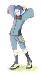 1girl arms_behind_head asticassia_school_uniform colored_inner_hair commentary_request grass green_shoes grey_jacket grey_shorts gundam gundam_suisei_no_majo interlocked_fingers jacket multicolored_hair nika_nanaura onpen_(powerzef) open_mouth school_uniform shoes shorts smile solo two-tone_hair
