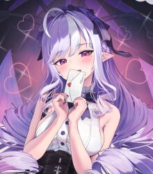 1girl absurdres ahoge black_nails black_skirt blush bow bowtie breasts center_frills chiu538 commentary_request drill_hair envelope fingernails frills heart high-waist_skirt highres holding holding_envelope long_hair looking_at_viewer medium_breasts mole mole_under_eye multicolored_hair nail_polish open_mouth pointy_ears purple_bow purple_bowtie purple_eyes purple_hair shirt skirt sleeveless sleeveless_shirt solo streaked_hair vivian_banshee white_hair white_shirt zenless_zone_zero