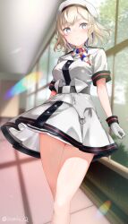 1girl belt beret black_belt blonde_hair blue_hair breasts colored_inner_hair dress gloire_(kancolle) gloves hat highres indoors izumikuma kantai_collection looking_at_viewer medium_breasts mole mole_on_neck multicolored_hair neckerchief short_hair short_sleeves solo striped_neckerchief white_dress white_gloves white_hat