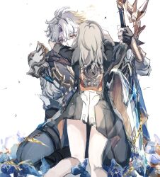 Rule 34 | 1boy, 1girl, ahoge, armor, black coat, black gloves, black pants, blue eyes, coat, commentary request, fingerless gloves, gloves, grey hair, heterochromia, highres, holding, holding sword, holding weapon, honkai: star rail, honkai (series), hug, medium hair, pants, pauldrons, pe eee00, phainon (honkai: star rail), short hair, shoulder armor, simple background, single pauldron, stelle (honkai: star rail), sword, thighs, trailblazer (honkai: star rail), weapon, white background, white hair, yellow eyes