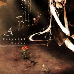1girl album_cover album_name anemone_(flower) bare_arms black_dress collarbone commentary cover dress english_commentary flower hands_on_lap long_hair lowres megurine_luka on_ground pink_hair plant red_flower ruuya_higashino simple_background sitting very_long_hair vines vocaloid