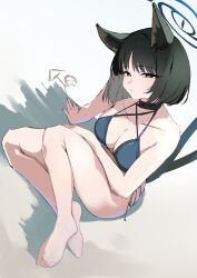 Rule 34 | 1girl, animal ears, bikini, black tail, blue archive, blue halo, blue tail, cat ears, cat girl, cat tail, colored inner animal ears, doodle sensei (blue archive), gradient tail, halo, highres, kikyou (blue archive), kikyou (swimsuit) (blue archive), layered bikini, multiple tails, official alternate costume, s4ika, sensei (blue archive), solo, swimsuit, tail, two tails