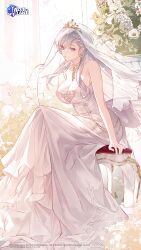 1girl azur_lane back_bow bare_shoulders belfast_(azur_lane) belfast_(the_pledge_of_claddagh)_(azur_lane) bow braid breasts bridal_veil chair cleavage commentary dress earrings english_commentary flower grey_hair high_heels highres indoors jewelry kei_(keiuu) large_breasts long_hair looking_at_viewer official_alternate_costume official_art on_chair shoes sitting smile solo veil wedding_dress white_bow white_dress white_shoes