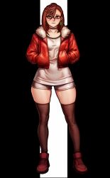 1girl absurdres ayase_momo black_thighhighs boots brown_boots brown_eyes brown_hair dandadan earrings full_body grey_shorts hands_in_pockets highres jacket jewelry red_jacket redteneri shirt short_shorts shorts solo standing thighhighs white_shirt