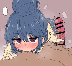 ... 1boy 1girl ame_(amechan17391739) bar_censor blue_hair blush censored commentary_request full-face_blush hair_between_eyes hair_bun handjob hetero licking licking_nipple looking_at_viewer medium_penis nipple_stimulation penis pov purple_eyes school_uniform shima_rin simple_background single_hair_bun sketch spoken_ellipsis yurucamp