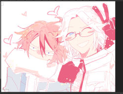 2boys aotsuki_eito arm_around_neck black_gloves black_hair blue_eyes blush glasses gloves grin hair_between_eyes heart looking_at_viewer male_focus multiple_boys one_eye_closed open_mouth red_hair smile sumino_takumi teeth the_hundred_line_-last_defense_academy- upper_body v white_background