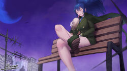 1girl absurdres bench blue_eyes blue_hair bubble_tea collared_shirt crossed_legs drinking drinking_straw drinking_straw_in_mouth formal_clothes gloves highres jacket jacket_on_shoulders leona_heidern metal_slug_attack night office_lady on_bench ponytail poopman shirt sitting skirt skirt_suit solo suit the_king_of_fighters white_gloves