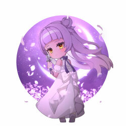 1girl absurdres ame. bare_shoulders brown_eyes chibi closed_mouth commentary_request crescent_moon detached_sleeves dress flower grey_hair grey_shoes hair_bun highres holding holding_flower hololive long_hair looking_at_viewer looking_back moon murasaki_shion night night_sky puffy_short_sleeves puffy_sleeves shoe_soles shoes short_sleeves single_side_bun sky sleeveless sleeveless_dress smile solo star_(sky) starry_sky very_long_hair virtual_youtuber white_flower white_sleeves wrist_cuffs