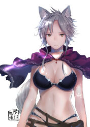 1girl absurdres animal_ears belt_pouch bikini black_bikini breasts capelet cleavage commentary_request dog_ears dog_girl dog_tail grey_hair highres large_breasts mugen_no_sudadokei original pouch purple_capelet signature solo swimsuit tail upper_body yellow_eyes