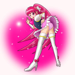1girl absurdres aino_megumi ankle_ribbon boots cure_lovely female_focus footwear_bow full_body hand_on_own_hip happinesscharge_precure! high_heel_boots high_heels highres leg_ribbon long_hair maroon_eyes nowjohn panties pink_hair ponytail precure ribbon solo sparkle thigh_boots thighhighs underwear very_long_hair white_boots