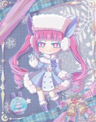 1girl :&gt; alternate_costume artist_request bare_legs bare_shoulders bell bleach bleach:_brave_souls breasts chibi christmas christmas_tree dokugamine_riruka dress full_body hat highres large_breasts light_blush long_hair looking_to_the_side official_alternate_costume pink_eyes pink_hair tsundere twintails winter_clothes