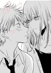 Rule 34 | 1boy, 1girl, animal ears, black necktie, blush, chainsaw man, collared shirt, denji (chainsaw man), dog ears, highres, long hair, looking at another, makima (chainsaw man), monochrome, necktie, ringed eyes, shirt, short hair, sidelocks, smile, unbuttoned, yokoyari mengo